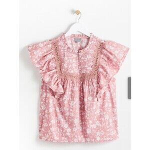 Oliver Bonas Flutter All Over Floral Print Pink Poplin Blouse 100% Cotton, US 14